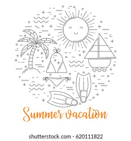 Summer vacation illustration, thin line icons set in shape of circle