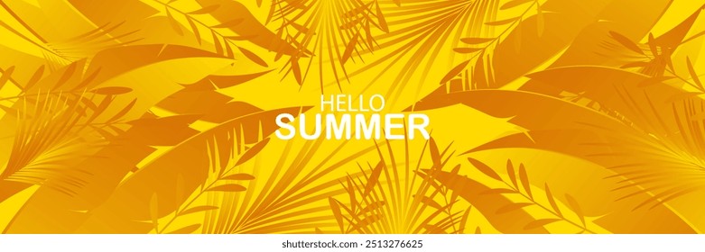 Summer Vacation Illustration with Tropical Palm Leaves and Flowers on Bright Yellow Background. Vector Summer Vacation Design Template for Banner, Flyer, Invitation, Brochure, Poster. vector