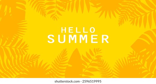 Summer Vacation Illustration with Tropical Palm Leaves and Flowers on Bright Yellow Background. Vector Summer Vacation Design Template for Banner, Flyer, Invitation, Brochure, Poster. vector