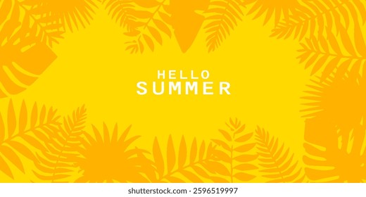 Summer Vacation Illustration with Tropical Palm Leaves and Flowers on Bright Yellow Background. Vector Summer Vacation Design Template for Banner, Flyer, Invitation, Brochure, Poster. vector