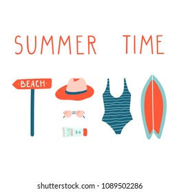 Summer vacation illustrations set. Surfboard, swimsuit, sunglasses, sunscreen, hat. Vector modern doodle clipart.