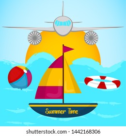 Summer vacation image with an airplane, sailboat, beach ball and life belt on a sea - Vector