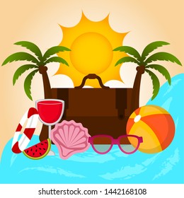 Summer vacation image with a beach objetcts, sun and vintage travel bag on a seashore - Vector