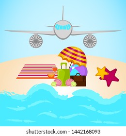 Summer vacation image with a travel and beach objects and airplane on a landscape - Vector