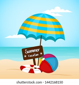 Summer vacation image with a wooden sign, life belt, beach ball and umbrella on a sea landscape - Vector