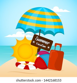 Summer vacation image with a wooden sign, beach objects, sun and travel bag on a sea landscape - Vector