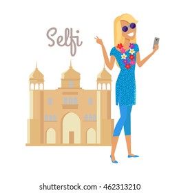 Summer vacation in India concept. Journey in exotic countries vector illustration. Selfie on the background of famous historical monuments. Young woman taking pictume near asian building. Flat Design.