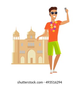 Summer vacation in India concept. Journey in exotic countries vector illustration. Selfie on the background of famous historical monuments. Young man taking pictume near asian building. Flat Design.