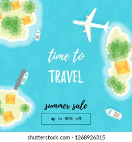 Summer vacation. The islands, ships and plane. Time to travel. Summer sale. Up to 50 off. Vector illustration - Vector