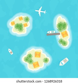 Summer vacation. The islands, ships and plane. Time to travel. Vector illustration