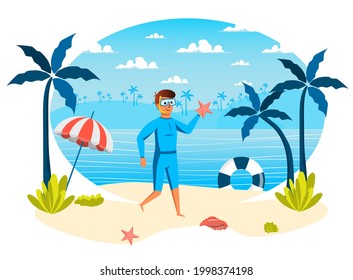 Summer vacation isolated scene. Man in mask going to diving at ocean, holding starfish. Guy resting on beach at seaside resort, recreation tropical island. Vector illustration in flat cartoon design