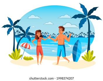 Escena aislada de vacaciones de verano. Hombre y mujer descansando en la ciudad costera, recreación en la isla tropical. Un par de cócteles para tomar el sol en la playa. Ilustración vectorial en diseño de dibujos animados planos