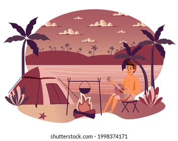 Summer Vacation Isolated Scene. Tourist Sitting By Fire, Playing Guitar, Resting In Tent On Beach By Sea. Guy Recreation At Seaside Resort Tropical Island. Vector Illustration In Flat Cartoon Design