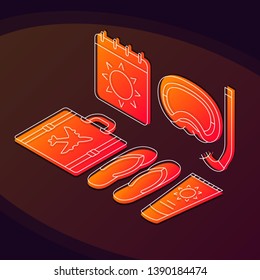 Summer vacation isometric color vector illustration. Travel, tourism linear icons infographic. Sea resort, trip 3d concept. Summer holiday, weekend, rest. Gradient isolated design elements