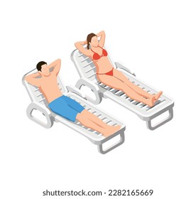 Summer vacation isometric icon with man and woman relaxing on beach lounges vector illustration