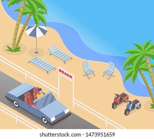 Summer vacation isometric vector illustration. Cabriolet driver, man driving passenger car on road trip cartoon character. Seasonal recreation, sand beach with palm trees, parked scooters and sunbeds