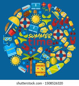 Summer vacation items in round frame composition, vector illustration. Summertime icons and objects. Seaside recreation trip tropical resort. Vacation accessories, sea and beach active summer holiday