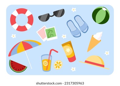 Summer vacation items vector illustration. Sunglasses, cocktail, ice cream, hat, ball, sunscreen, watermelon, slippers and photos for playing on beach and swimming. Travel, tourism concept