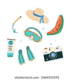 Summer vacation journey elements on blue background. Resort on beach concept design. Camera and protect accessories.