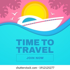 Summer vacation journey. Travel concept. Boat, yacht, sun, palms and sea waves.