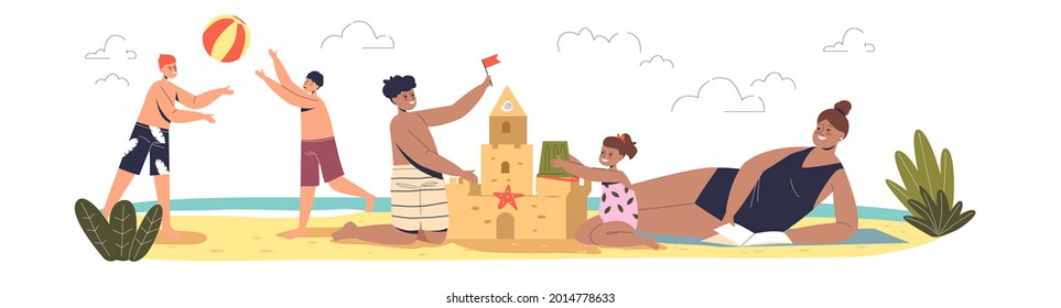 Summer Vacation With Kids. Children On Beach Playing Volleyball And Building Sand Castle Together Outdoors At Sea Coast On Holidays. Cartoon Flat Vector Illustration