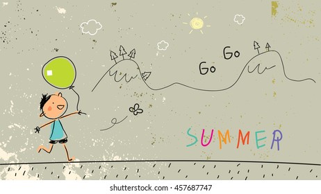 Summer vacation for kids at school. Chalk on blackboard sketch, doodle. Vector illustration. 