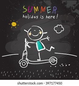 Summer vacation for kids at school. Girl on scooter. Chalk on blackboard sketch, doodle. Vector illustration. 