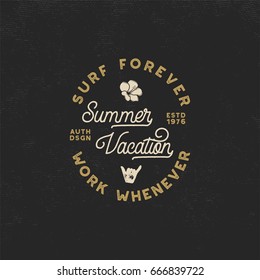 Summer vacation label. Surfing style emblem, logotype design. Flower, shaka sign and typography elements included. Use for apparel, t-shirts, print, posters. Stock vector isolated on dark background.