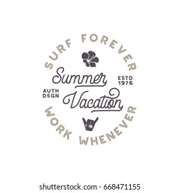 Summer vacation label. Surfing style emblem, logotype design. Flower, shaka sign and typography elements included. Use for apparel, t-shirts, print, posters. Stock vector isolated on white background.