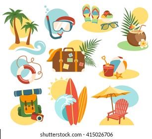 Summer Vacation Labels Icons Signs Collection Isolated on White Background