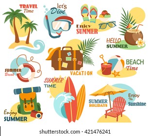 Summer Vacation Labels Icons Signs Collection Isolated on White Background