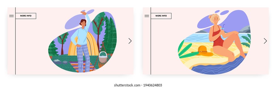 Summer vacation landing page design, website banner vector template set. Traveling, camping, hiking.