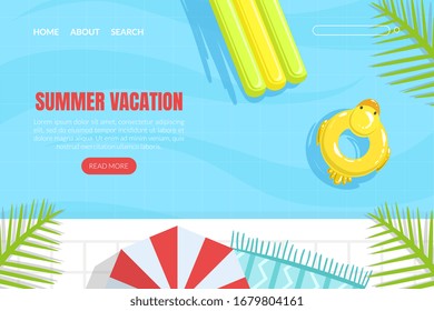 Summer Vacation Landing Page Template, Summertime Traveling, Pool with Colorful Floats Web Page, Mobile App, Homepage Vector Illustration