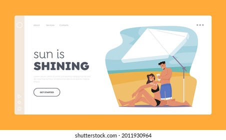 Plantilla de la página de inicio de vacaciones de verano. Rays ultravioletas arriesgados para la defensa de la salud, baños de sol. La Gente Usa Protección Del Sol. Los personajes de la playa ponen crema de pantalla solar en la piel. Ilustración del vector de dibujos animados