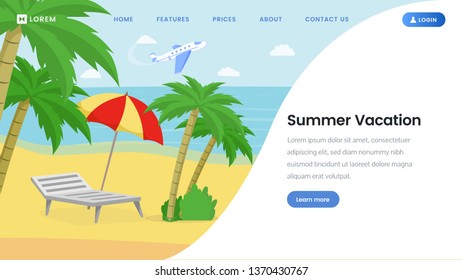 Summer vacation landing page vector template. Travel agency, tour operator, international airlines website homepage layout. Exotic sea resort, tropical island beach, deckchair, umbrella illustration