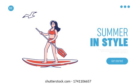 Summer vacation landing page with woman paddling on sup board. Seaside holiday activity concept. Young cartoon female riding surfboard with paddle. Linear vector illustration