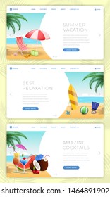 Summer vacation landing pages set. Calm seaside rest, active water sports, outdoor activities. Amazing summertime desserts, snacks, cocktails and beverages website page design layouts