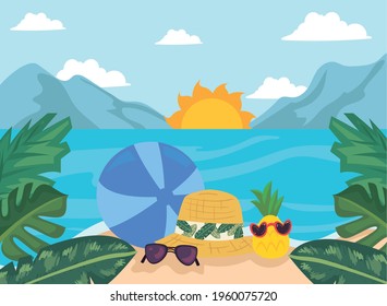 Summer vacation landscape with icons