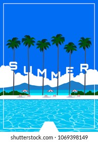 summer vacation landscape. swimming pool palm trees