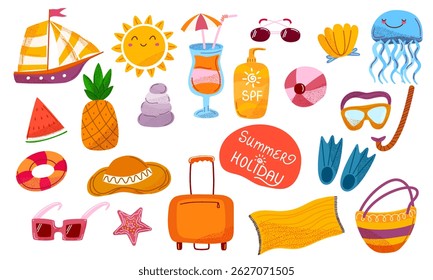 Zomervakantie grote set met leuke strand en reizen elementen. Handgetekende stijl. Voor reisontwerpen, kinderprints, kaarten, scrapbooking en stickers