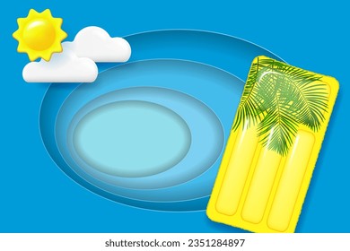 Afiche en capas de vacaciones de verano. Fondo estratificado y colchón inflable. Ilustración del vector
