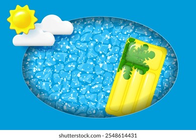 Summer vacation layered poster. Layered background and inflatable float mattress in the pool. Top view. Vector illustration