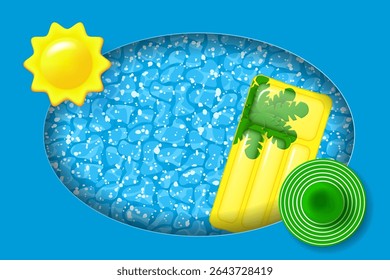 Summer vacation layered poster. Layered background and inflatable float mattress in the pool, beach hat and 3d sun. Top view. Vector illustration