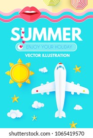 Summer Vacation Layout Design Template with Plane, Sea, Sun, Beach and Umbrellas, Paper Art. Top View,. Vector illustration