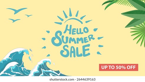 Summer vacation lettering with waves and palm leaves. Hello Summer label, lettering for summer holiday, travel, beach vacation poster.