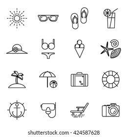 Summer vacation line art beach resort accessorize vector symbols flat design template illustration