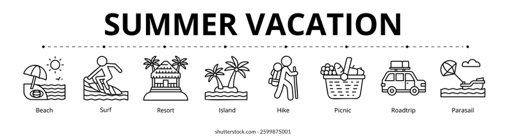 Summer Vacation Line Banner Web Icon Set Vector Illustration