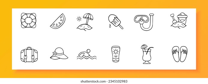 Summer vacation line icon. Sand, beach, flip flops, sunscreen, watermelon, ice cream. Vector black line icon on white background for Business