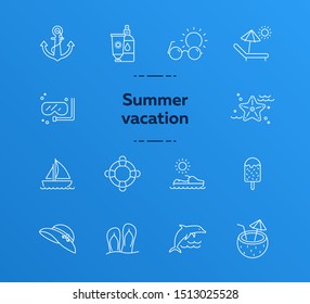 Summer vacation line icon set. Beach chair, ice cream, sailing. Beach concept. Can be used for topics like tropical resort, relax, seaside