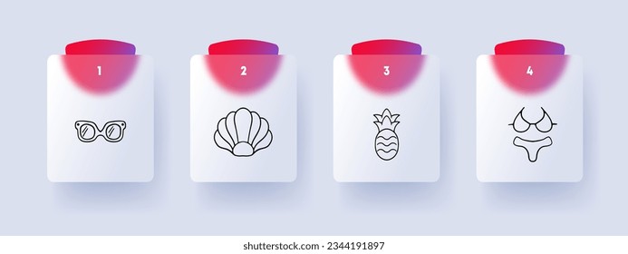 Summer vacation line icon. Shell, fruit, pineapple, souvenir, swimsuit, sunglasses. Glassmorphism style. Vector line icon